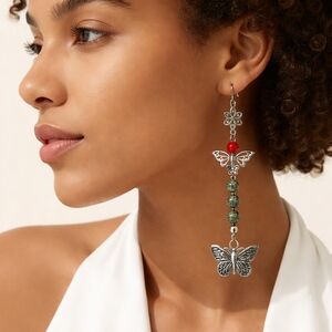 Handcrafted Silver, Red Turquoise And Epidote Butterfly Drop Earrings